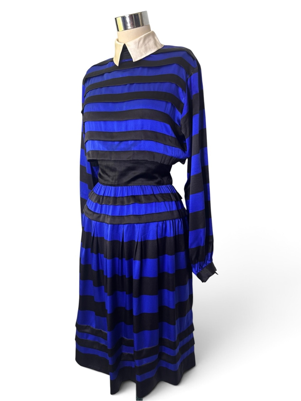Nipon Boutique Vintage Silk Striped Blue and Black Midi dress - Picture 4 of 10